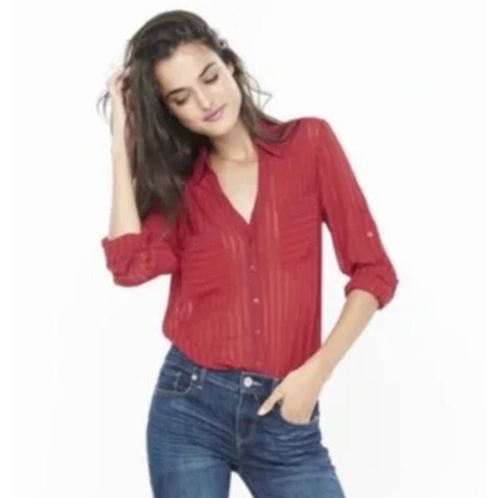 Express The Portofino Shirt – Red Striped Sheer Blouse Button-Up Women’s Size XL